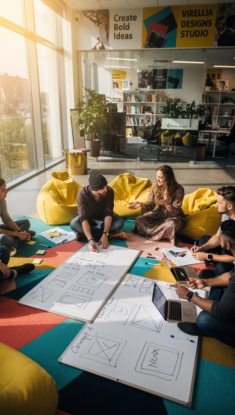 Ein Arbeitsplatz mit kreativen Designelementen, die zur Markenidentität passen.